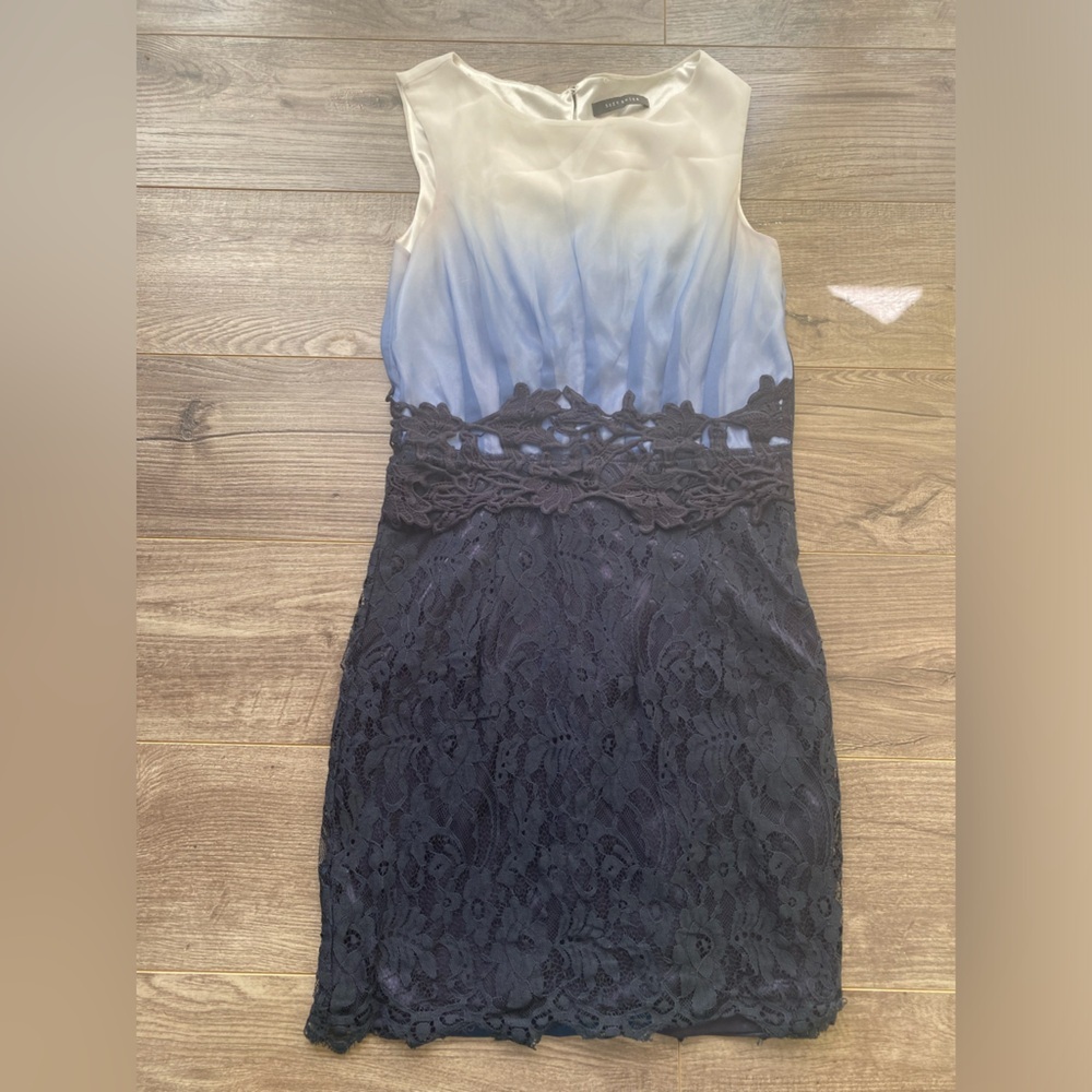 3/$15 Suzy Sheer mini dress blue lace skirt and ombré torso, side zipper